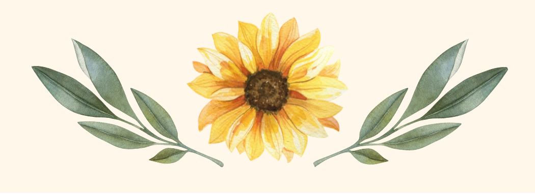 Decorative design with sunflower and green leaves on a beige background, featuring the text 'Sunflowers & Sage'.